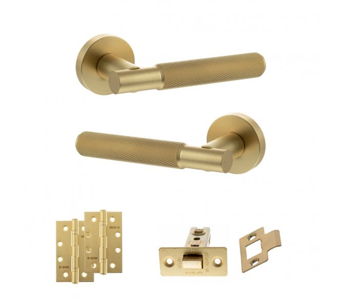 Senza Pari Rosarno Door Handle Latch Pack (4 Slim Knuckle Hinges x2) - Satin Brass
