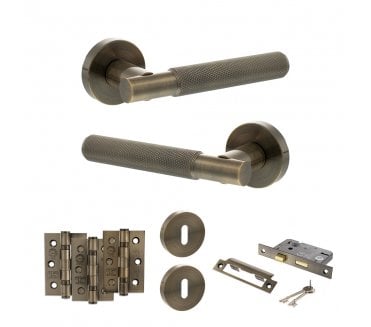 Senza Pari Rosarno Door Handle Lock Pack (3 Ball Bearing Hinges x3) - Antique Brass