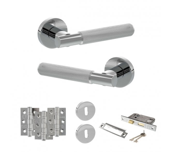 Senza Pari Rosarno Door Handle Lock Pack (3 Ball Bearing Hinges x3) - Polished Chrome