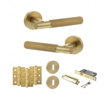 Senza Pari Rosarno Door Handle Lock Pack (3 Ball Bearing Hinges x3) - Satin Brass