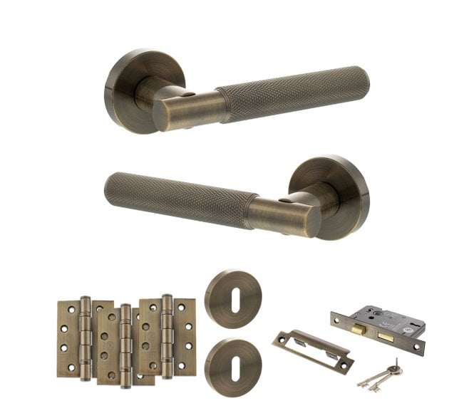 Senza Pari Rosarno Door Handle Lock Pack (4 Fire Rated Hinges x3) - Antique Brass
