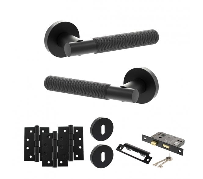 Senza Pari Rosarno Door Handle Lock Pack (4 Fire Rated Hinges x3) - Matt Black