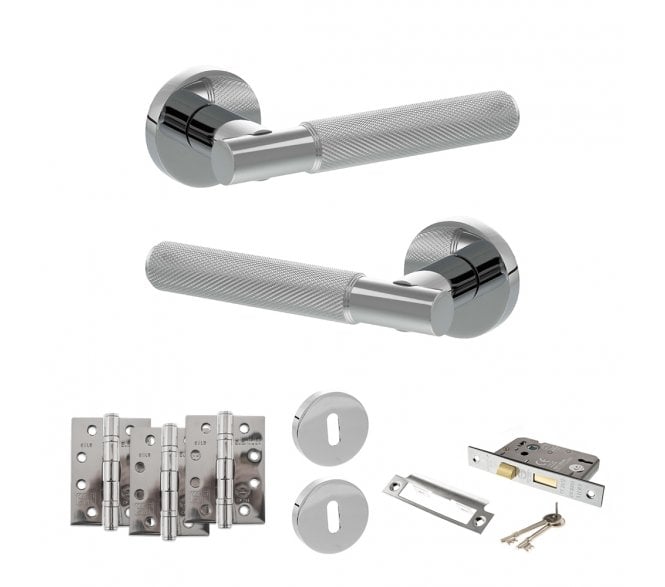 Senza Pari Rosarno Door Handle Lock Pack (4 Fire Rated Hinges x3) - Polished Chrome
