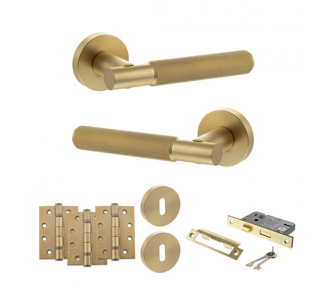 Senza Pari Rosarno Door Handle Lock Pack (4 Fire Rated Hinges x3) - Satin Brass