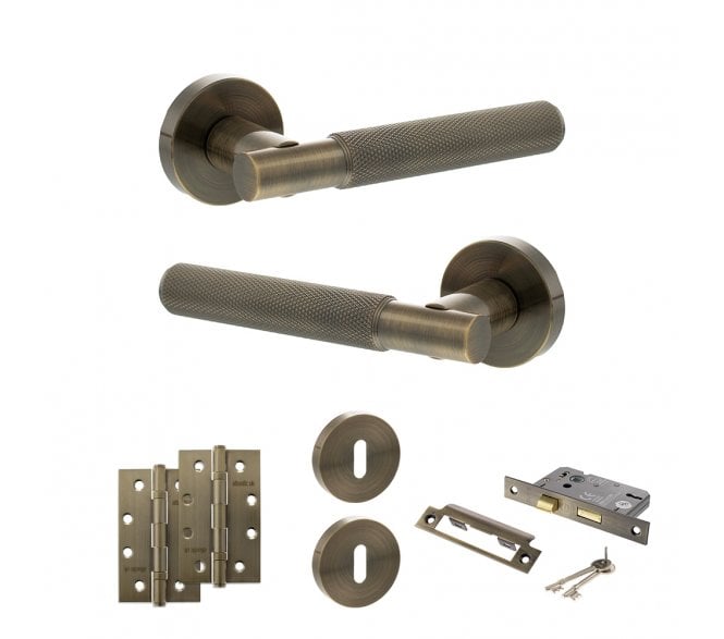 Senza Pari Rosarno Door Handle Lock Pack (4 Slim Knuckle Hinges x2) - Antique Brass