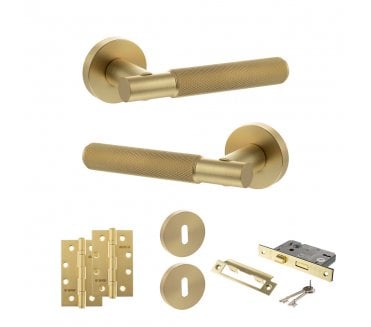 Senza Pari Rosarno Door Handle Lock Pack (4 Slim Knuckle Hinges x2) - Satin Brass