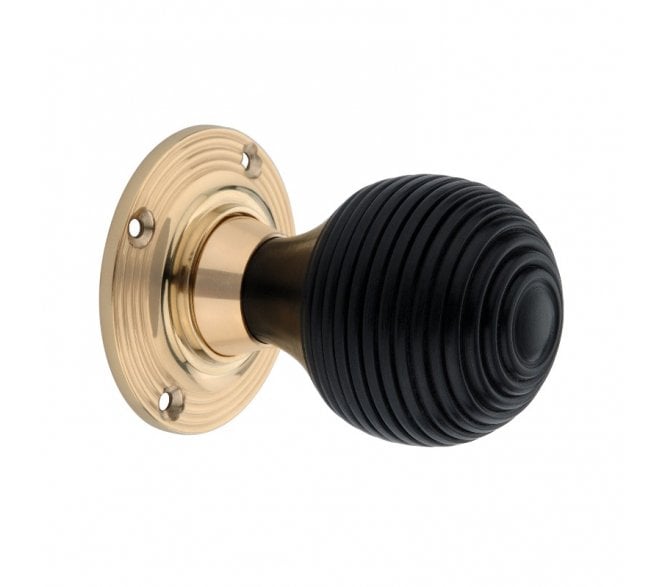 Spira Brass Ebony Beehive Rim/Mortice Door Knobs - Polished Brass