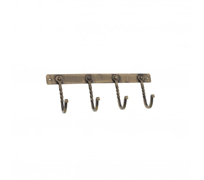 Spira Brass Wall Mounted Coat Rack - Twisted 4 Hooks - Antique Brass