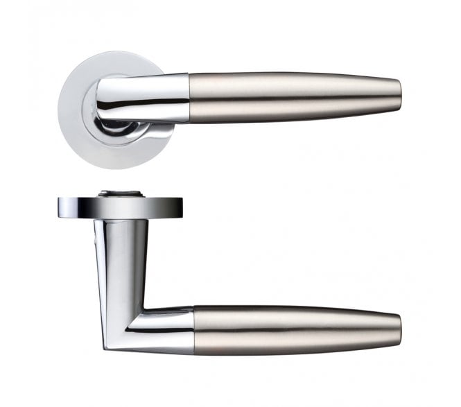 Stanza Atlanta Door Handles On Round Rose - Satin Nickel/Polished Chrome