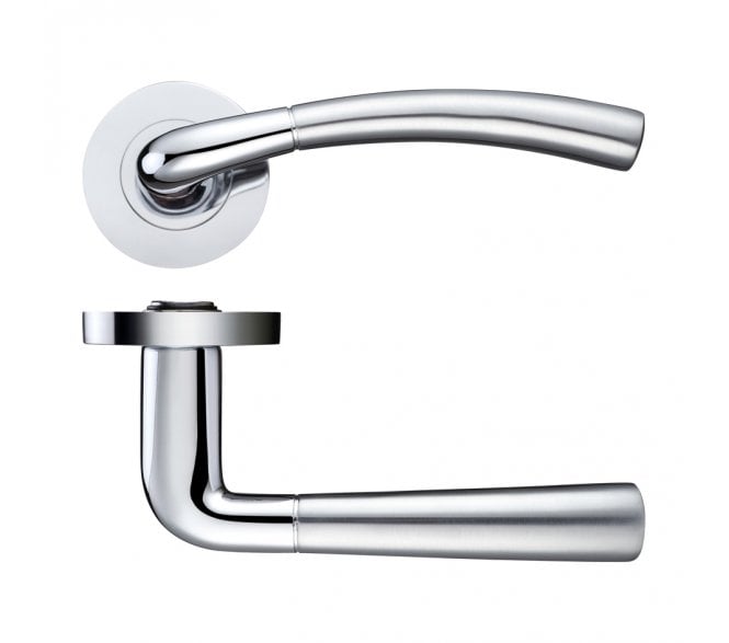 Stanza Saturn Door Handles On Round Rose - Satin Chrome/Polished Chrome