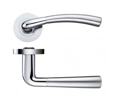 Stanza Saturn Door Handles On Round Rose - Satin Chrome/Polished Chrome
