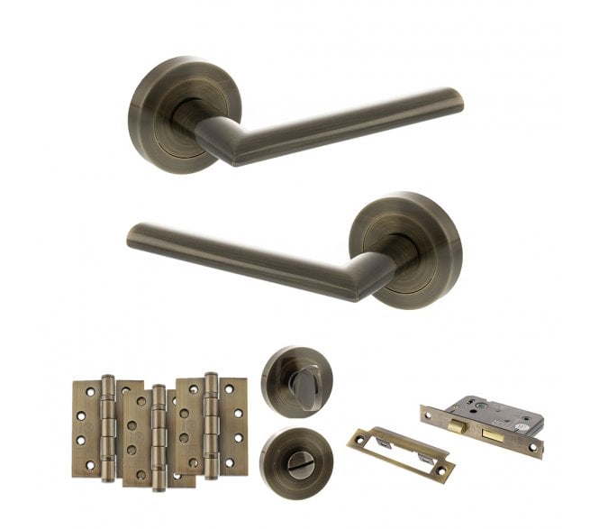 STATUS Alabama Door Handle Bathroom Pack (4 Fire Rated Hinges x3) - Antique Brass
