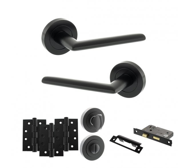 STATUS Alabama Door Handle Bathroom Pack (4 Fire Rated Hinges x3) - Matt Black