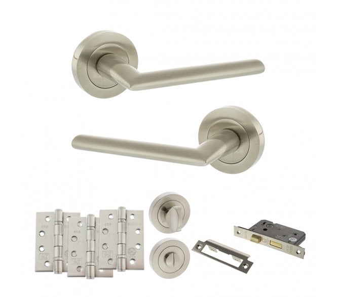 STATUS Alabama Door Handle Bathroom Pack (4 Fire Rated Hinges x3) - Satin Nickel