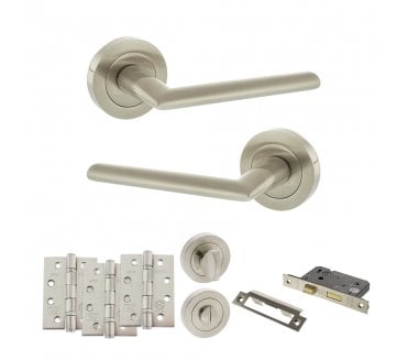 STATUS Alabama Door Handle Bathroom Pack (4 Fire Rated Hinges x3) - Satin Nickel