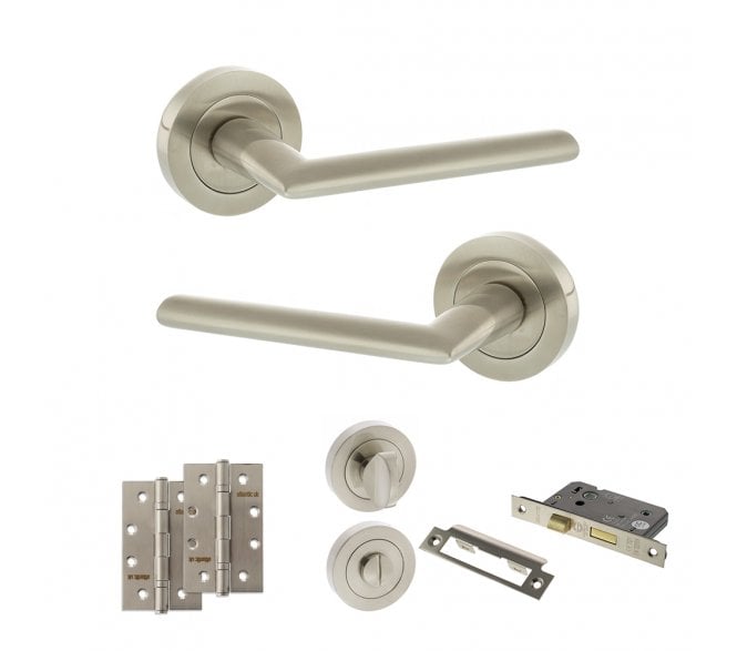 STATUS Alabama Door Handle Bathroom Pack (4 Slim Knuckle Hinges x2) - Satin Nickel