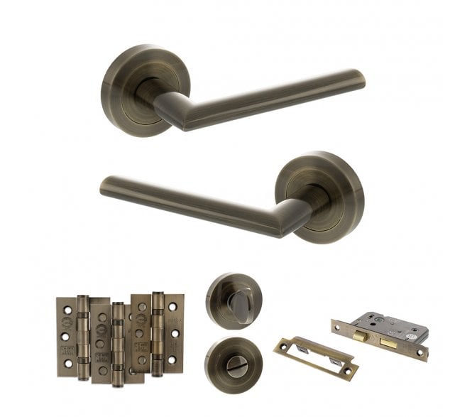 STATUS Alabama Door Handle Bathroom Pack (3 Ball Bearing Hinges x3) - Antique Brass