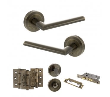STATUS Alabama Door Handle Bathroom Pack (3 Ball Bearing Hinges x3) - Antique Brass