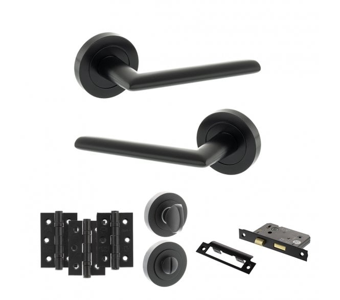 STATUS Alabama Door Handle Bathroom Pack (3 Ball Bearing Hinges x3) - Matt Black