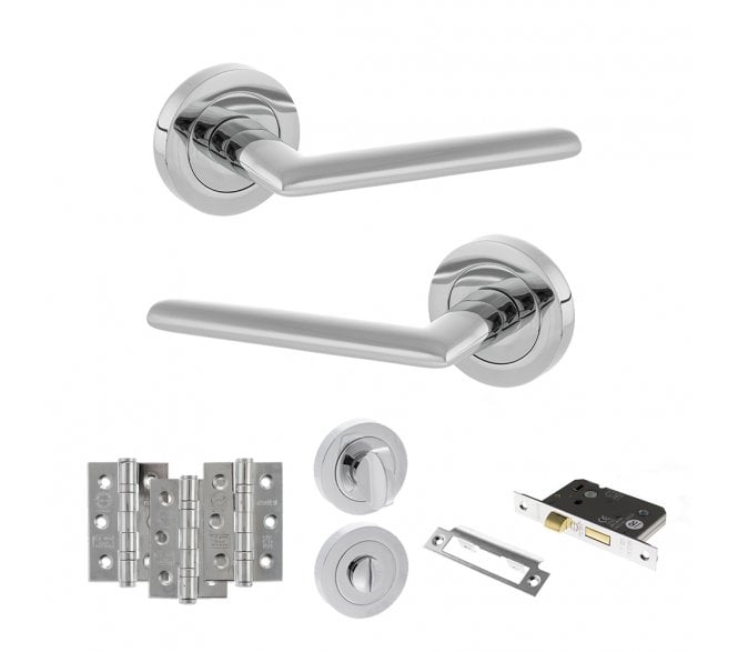 STATUS Alabama Door Handle Bathroom Pack (3 Ball Bearing Hinges x3) - Polished Chrome