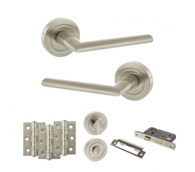 STATUS Alabama Door Handle Bathroom Pack (3 Ball Bearing Hinges x3) - Satin Nickel