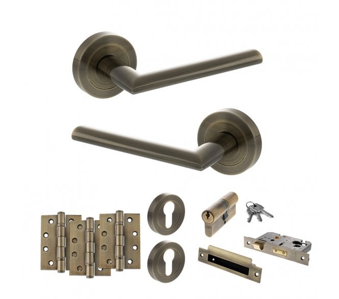 STATUS Alabama Door Handle Euro Profile Lock Pack (4 Fire Rated Hinges x3) - Antique Brass
