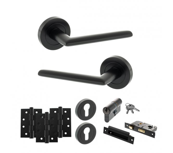 STATUS Alabama Door Handle Euro Profile Lock Pack (4 Fire Rated Hinges x3) - Matt Black