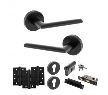 STATUS Alabama Door Handle Euro Profile Lock Pack (4 Fire Rated Hinges x3) - Matt Black