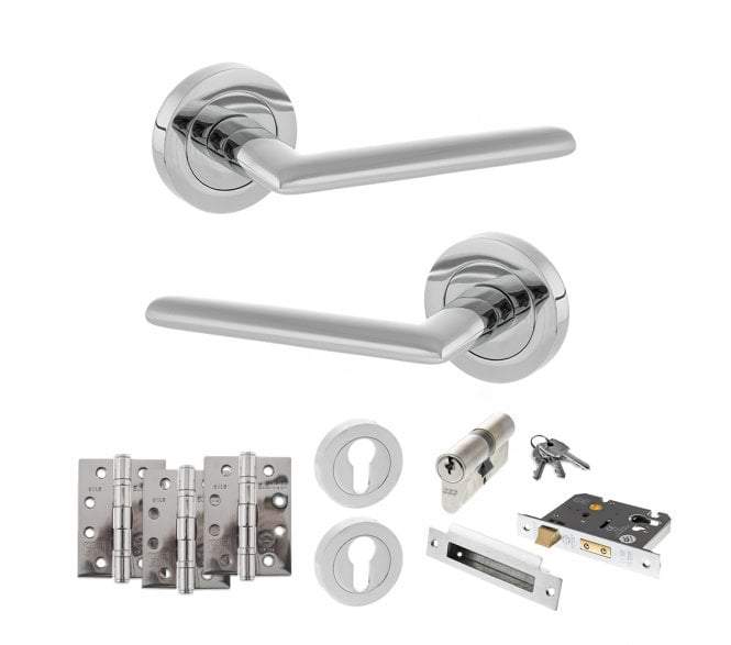 STATUS Alabama Door Handle Euro Profile Lock Pack (4 Fire Rated Hinges x3) - Polished Chrome