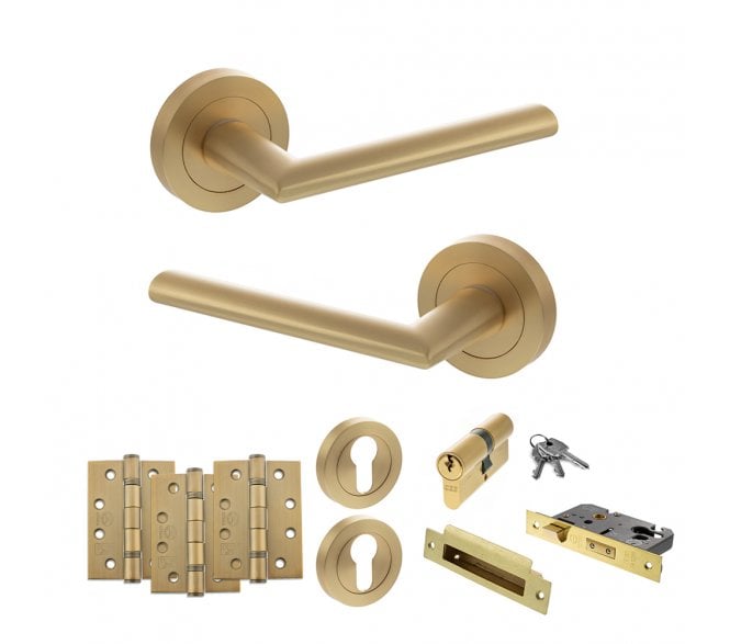 STATUS Alabama Door Handle Euro Profile Lock Pack (4 Fire Rated Hinges x3) - Satin Brass