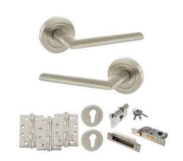 STATUS Alabama Door Handle Euro Profile Lock Pack (4 Fire Rated Hinges x3) - Satin Nickel