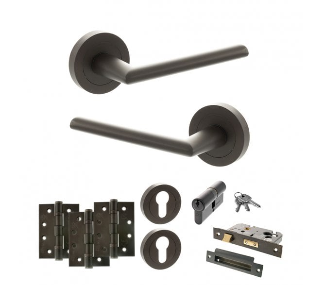 STATUS Alabama Door Handle Euro Profile Lock Pack (4 Fire Rated Hinges x3) - Urban Dark Bronze
