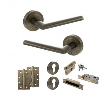 STATUS Alabama Door Handle Euro Profile Lock Pack (4 Slim Knuckle Hinges x2) - Antique Brass