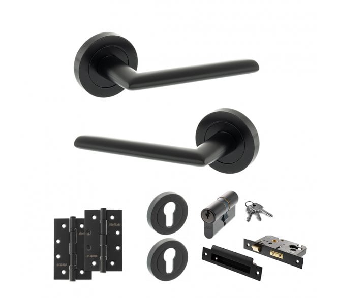 STATUS Alabama Door Handle Euro Profile Lock Pack (4 Slim Knuckle Hinges x2) - Matt Black
