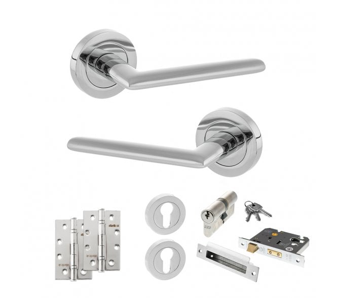 STATUS Alabama Door Handle Euro Profile Lock Pack (4 Slim Knuckle Hinges x2) - Polished Chrome