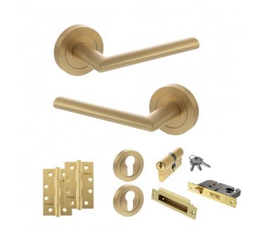 STATUS Alabama Door Handle Euro Profile Lock Pack (4 Slim Knuckle Hinges x2) - Satin Brass
