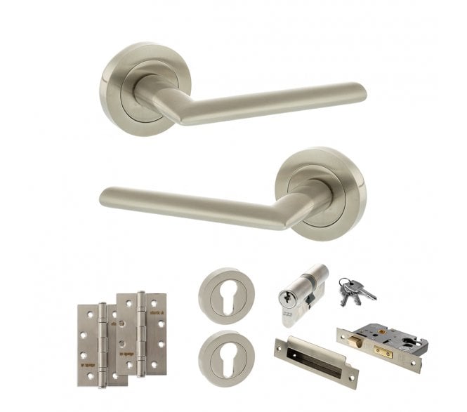 STATUS Alabama Door Handle Euro Profile Lock Pack (4 Slim Knuckle Hinges x2) - Satin Nickel