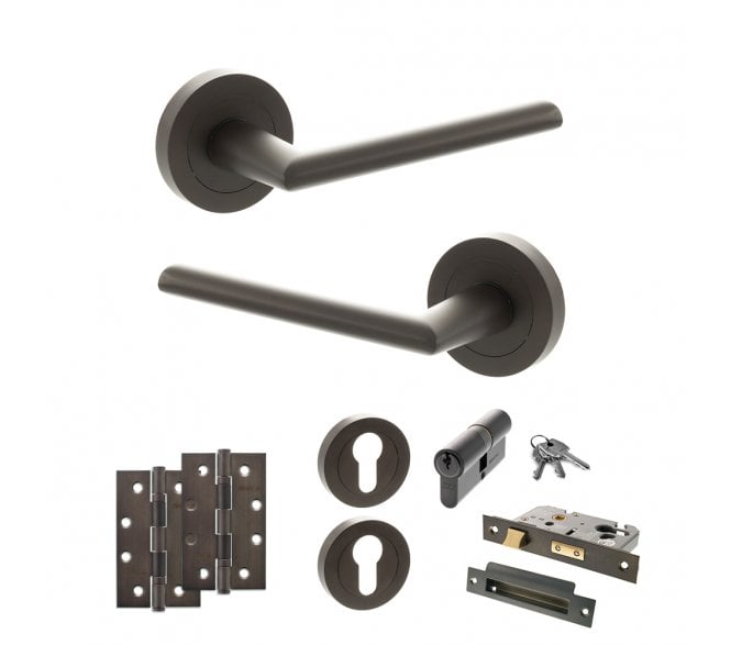 STATUS Alabama Door Handle Euro Profile Lock Pack (4 Slim Knuckle Hinges x2) - Urban Dark Bronze