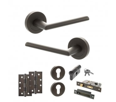 STATUS Alabama Door Handle Euro Profile Lock Pack (4 Slim Knuckle Hinges x2) - Urban Dark Bronze