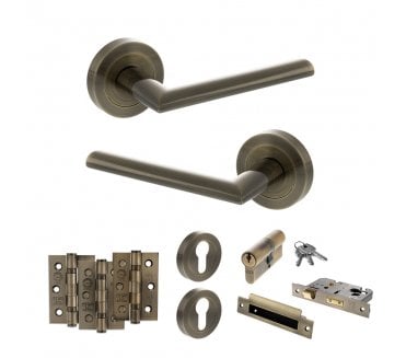 STATUS Alabama Door Handle Euro Profile Lock Pack (3 Ball Bearing Hinges x3) - Antique Brass