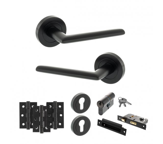 STATUS Alabama Door Handle Euro Profile Lock Pack (3 Ball Bearing Hinges x3) - Matt Black