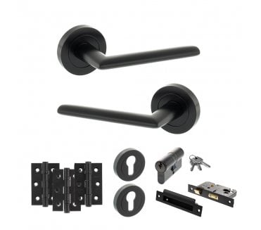 STATUS Alabama Door Handle Euro Profile Lock Pack (3 Ball Bearing Hinges x3) - Matt Black