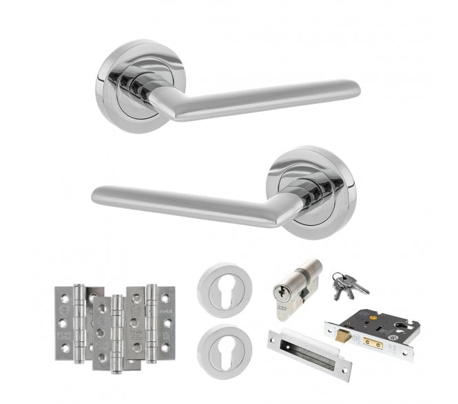 STATUS Alabama Door Handle Euro Profile Lock Pack (3 Ball Bearing Hinges x3) - Polished Chrome