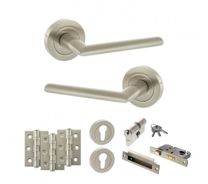 STATUS Alabama Door Handle Euro Profile Lock Pack (3 Ball Bearing Hinges x3) - Satin Nickel