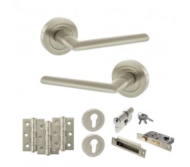 STATUS Alabama Door Handle Euro Profile Lock Pack (3 Ball Bearing Hinges x3) - Satin Nickel