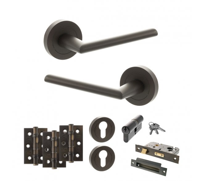STATUS Alabama Door Handle Euro Profile Lock Pack (3 Ball Bearing Hinges x3) - Urban Dark Bronze