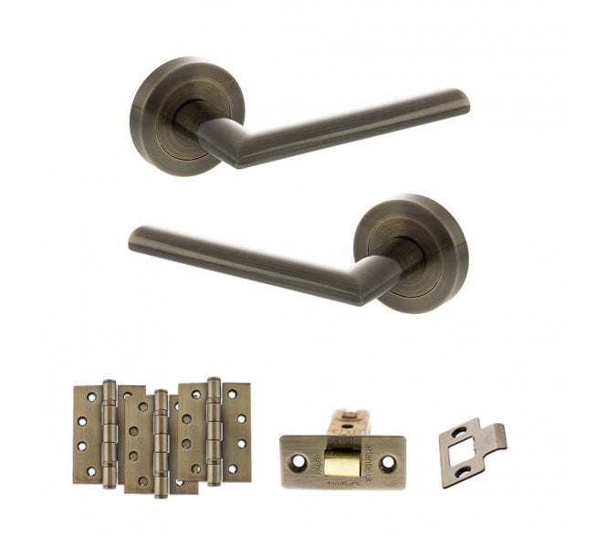 STATUS Alabama Door Handle Latch Pack (4 Fire Rated Hinges x3) - Antique Brass