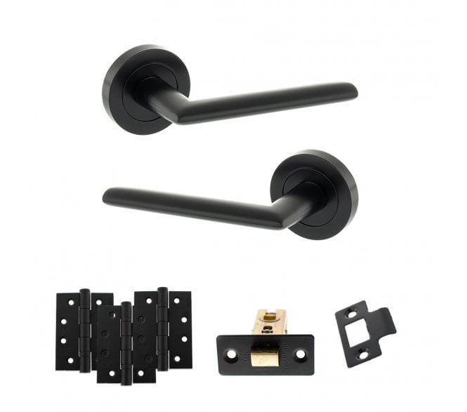STATUS Alabama Door Handle Latch Pack (4 Fire Rated Hinges x3) - Matt Black