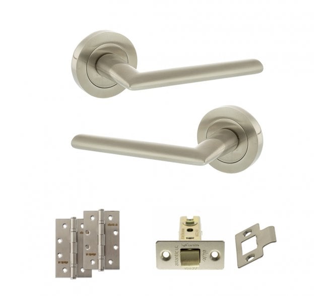 STATUS Alabama Door Handle Latch Pack (4 Slim Knuckle Hinges x2) - Satin Nickel