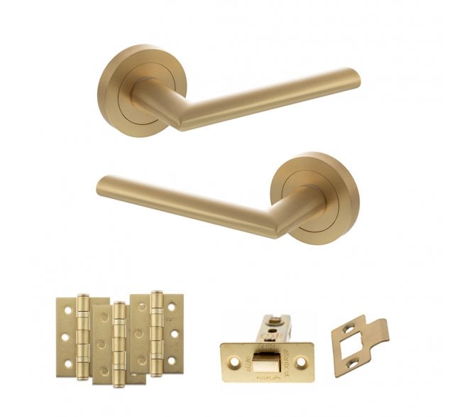 STATUS Alabama Door Handle Latch Pack (3 Ball Bearing Hinges x3) - Satin Brass